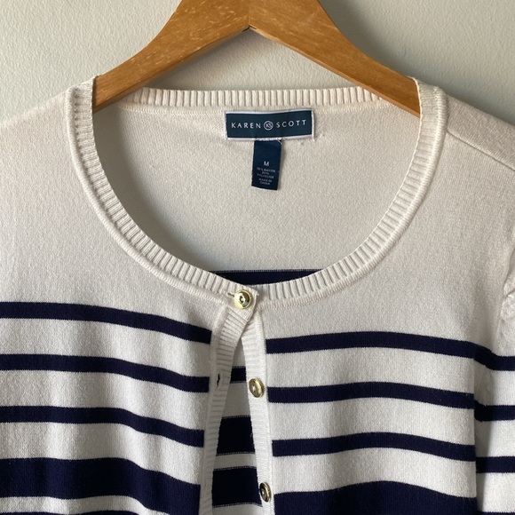 Karen Scott Button Front Cardigan Knit Sweater White Blue M - Picture 3 of 7